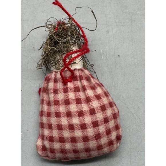 Vintage Handmade Cloth Doll Ornament With Red Gingham Dress & Heart Charm READ - Picture 6 of 6